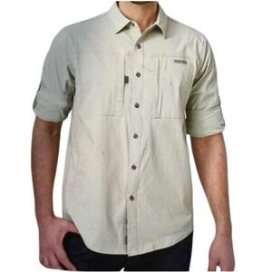 Rugged Elements Mens L Beige Roll Up Long Sleeve Button Up Hiking Shirt Nwot‎
